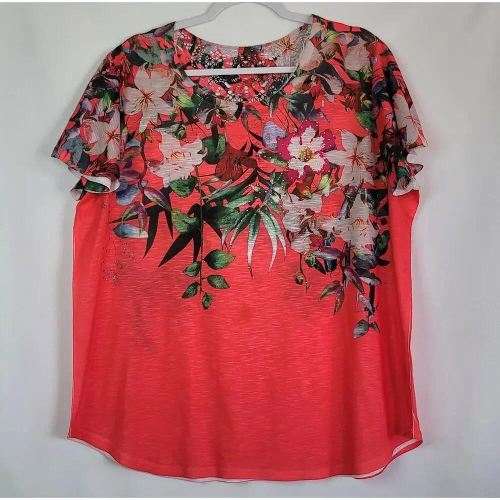 2/$15 Time and Tru Coral Floral Watercolor Sublimation Print Top XXL Lace Back